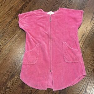 VINTAGE STAN HERMAN CHENILLE LOUNGER Pink Zip Front 2 Pockets COMFY M/L?